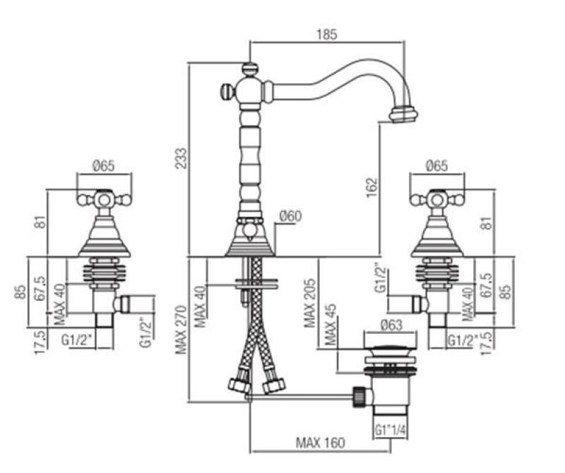 PB klassieke 3 gats wastafelkraan sterknoppen uitloop 18,5 cm Chroom 1208854922