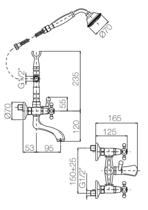 PB klassieke kraan opbouw badkraanset met sterknoppen RVS inclusief handdouche 1208855172