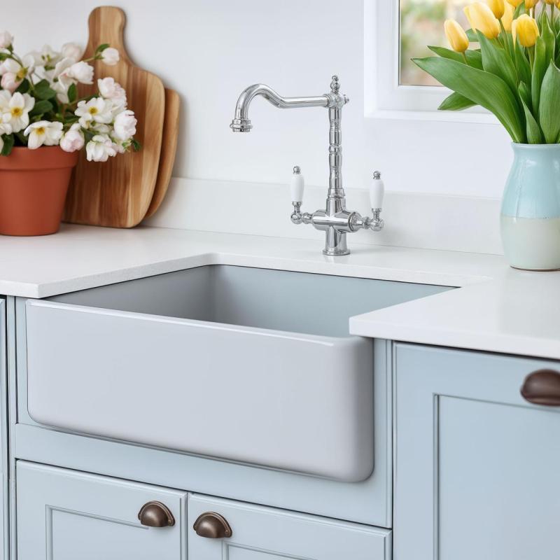 PB Nostalgische klassieke landelijke keukenkraan chroom met witte hendels 1208953911