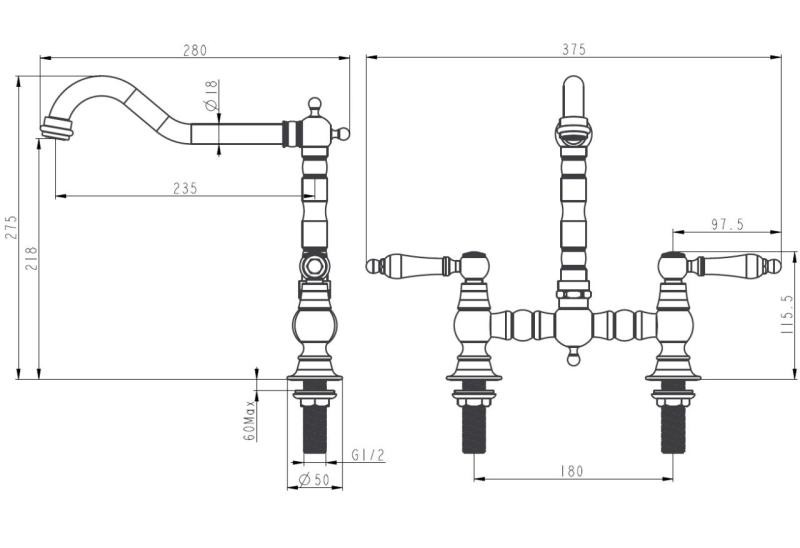 Aquanello Heritage Manor Klassieke Keuken Nostalgische Brug Keukenkraan Zwart met Witte Hendel BL-0010-HM